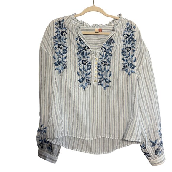 Anthropologie Pilcro Striped Floral Embroidered Blouse Top Medium Blue White - Picture 2 of 14